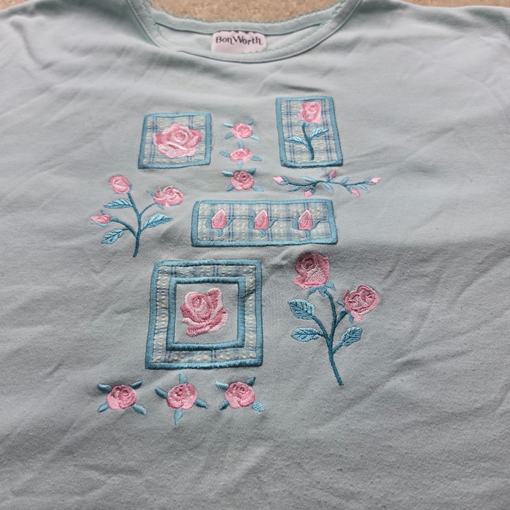BonWorth Womens Light Blue Rose Embroidered Short Sleeve XL Floral Knit Shirt